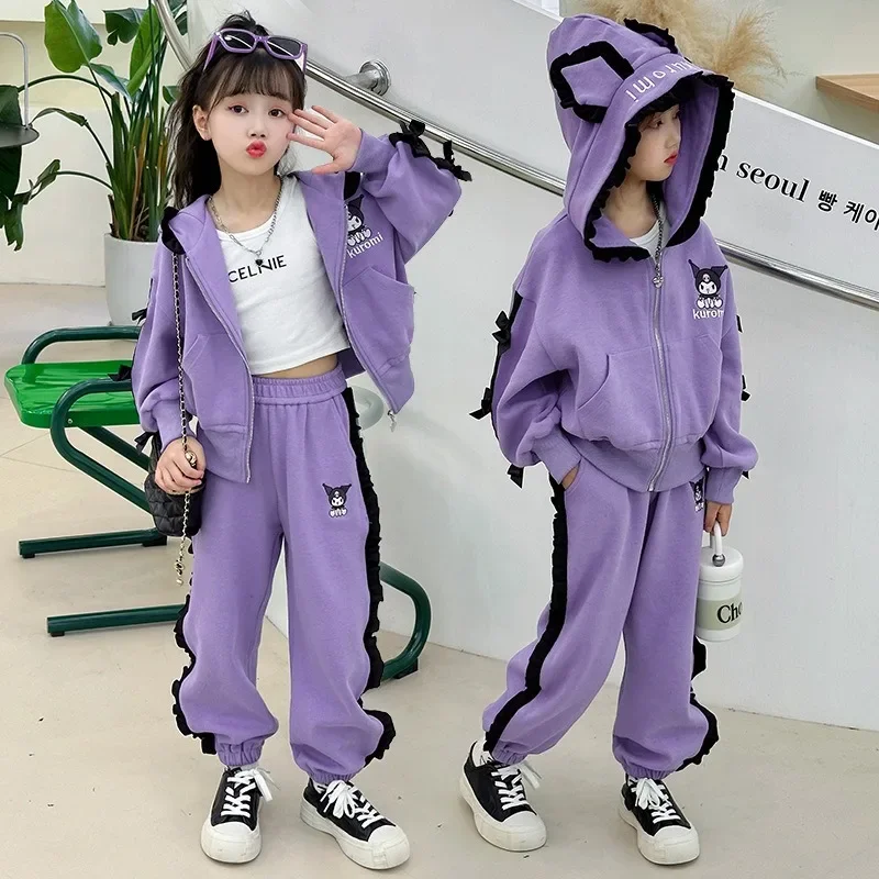 

90-160cm Child Sanrio Kuromi Girls Casual Outfit Cute Cartoon Girly Heart Fashion Trousers Hooded Top Two-piece Set Autumn New