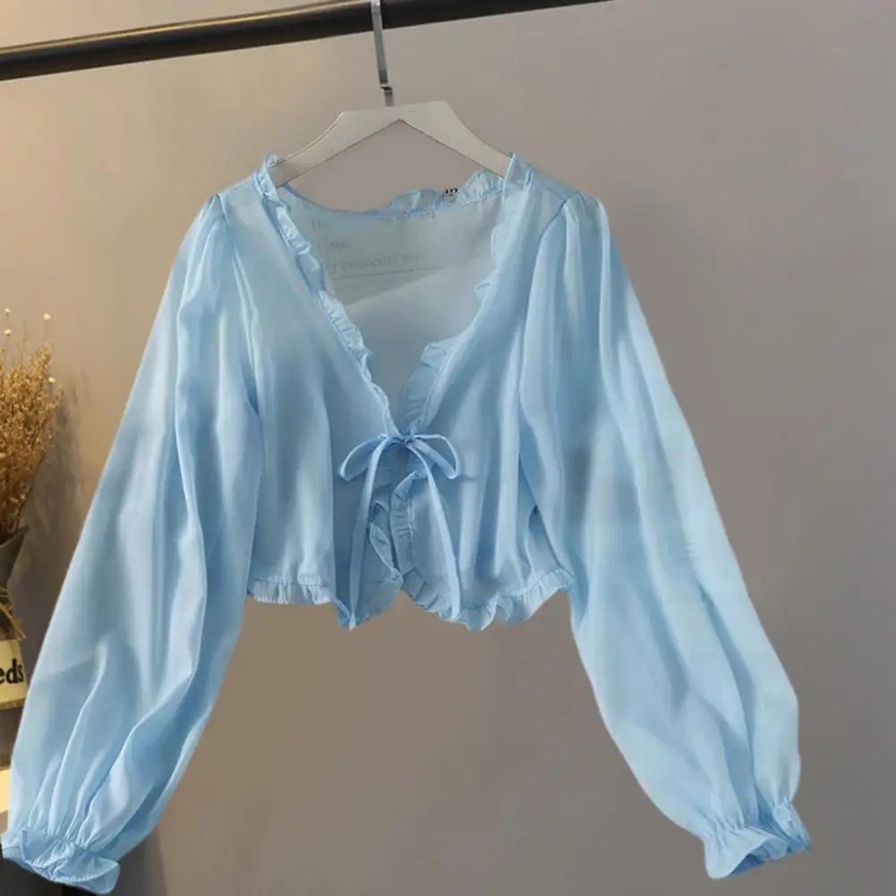 Asymmetrical Neckline Kitty Print Sun Protection Top White/Blue Semi-sheer main image 1