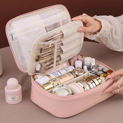 Luxurious PU Leather Makeup Bag: Spacious, Portable & Waterproof with Multi - Layered Design (Pink)