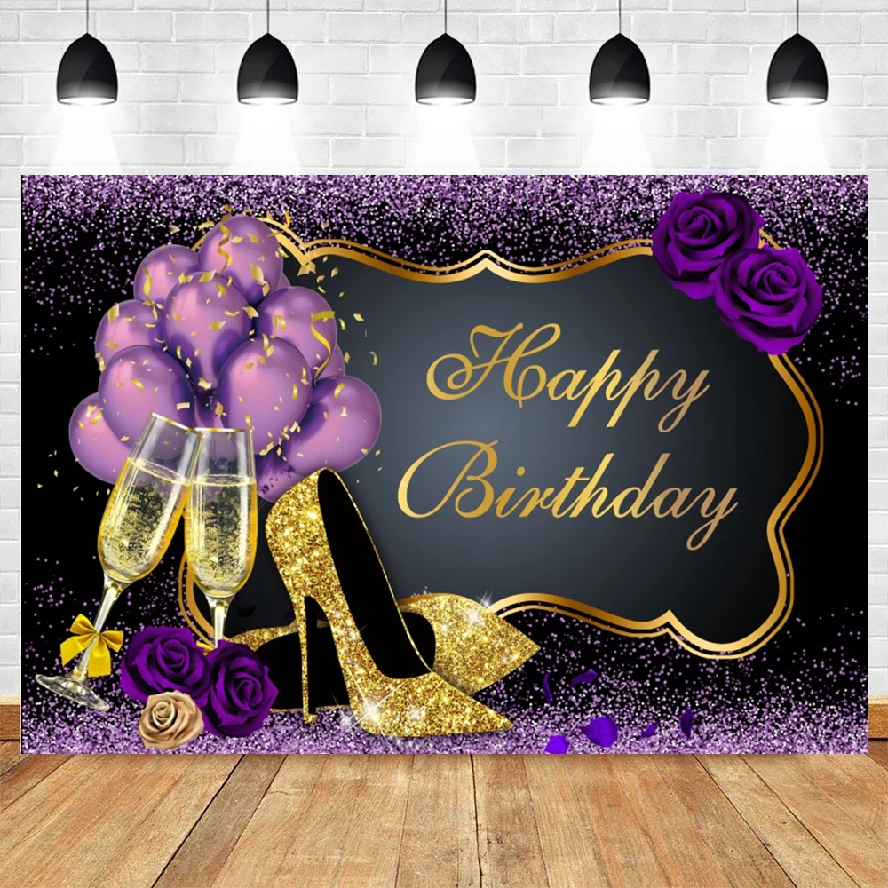 Adult Happy Birthday Backdrop Black Gold Glitter Balloon Boys Girls Birthday Party Decor Photography Background Customized