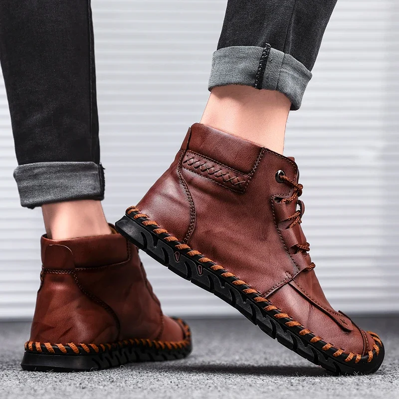 Men Leather Boots Business Mens Boots Brand Classic Winter Thick Plush Warm Snow Boots Handmade Ankle Waterproof Non-slip Moccasins men leather boots business mens boots
