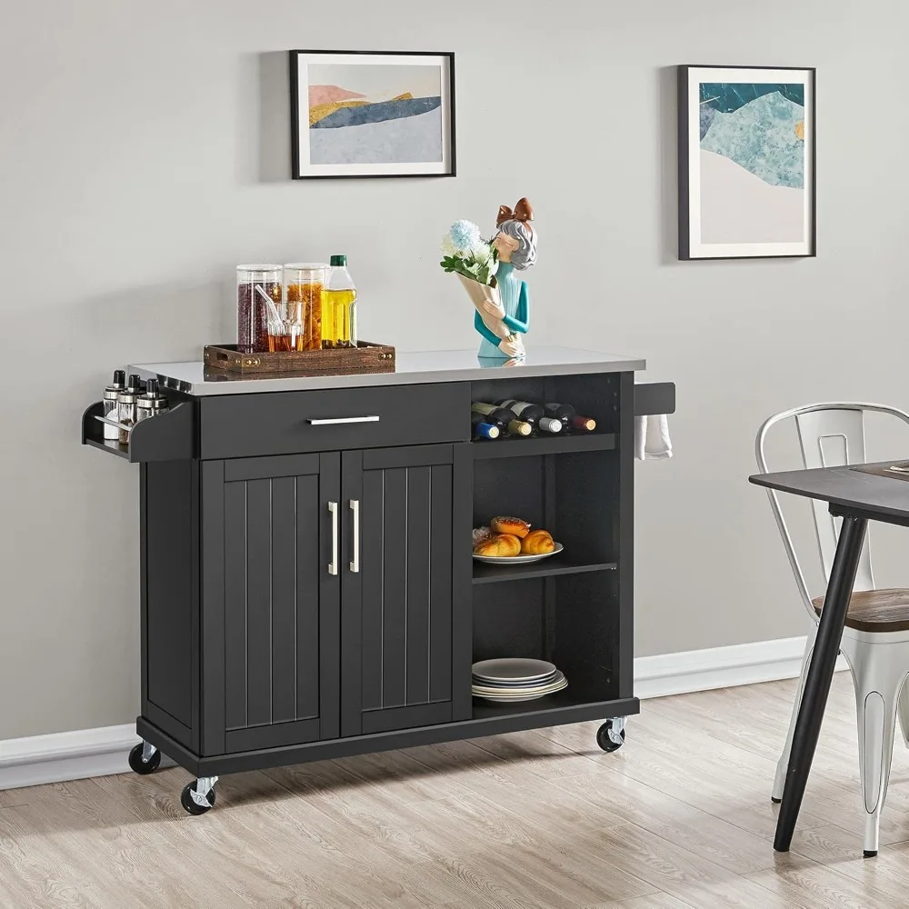 Kitchen Cart with Stainless Steel Top and Storage Cabinet, Kitchen Island on Wheels with Drawer & Open Shelves & Wine Rack & Sp