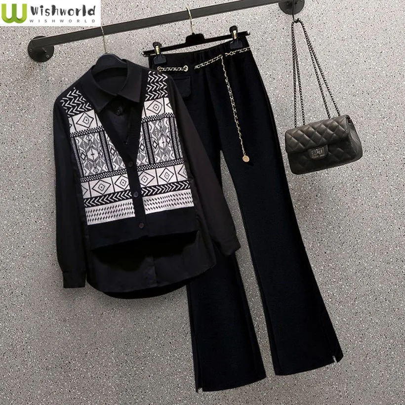 Spring and Autumn New Korean Fashion Fake Two Piece Shirt Women's Western Style Age Reducing Slimming Pants Two Piece Set fashion lapel spliced embroidery fake two pieces sweaters men s clothing 2023 autumn winter loose korean pullovers casual tops