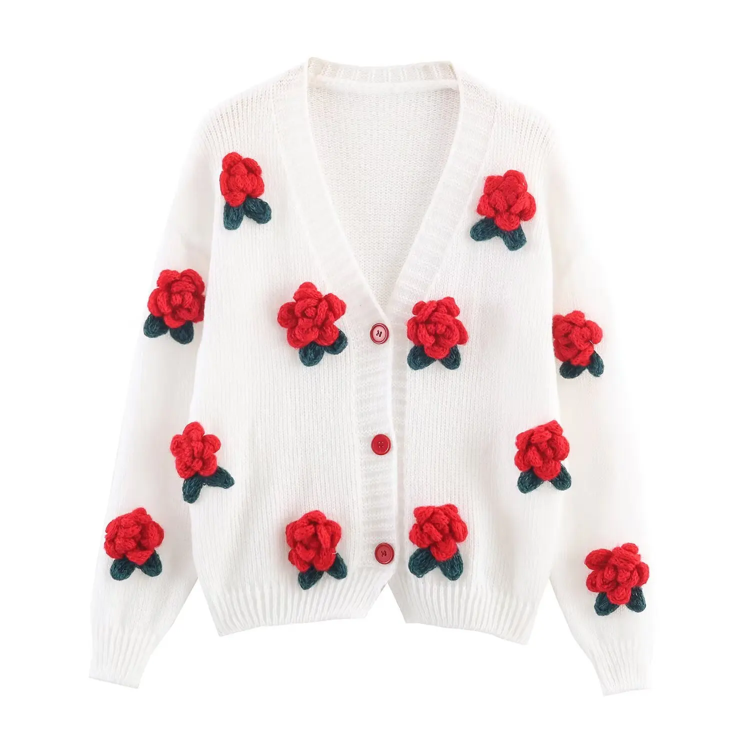 Women Korean Style Autumn Winter Knitted Cardigan Female V-Neck Flower Decoration Long Sleeved Cute Sweater Jacket Streetwear