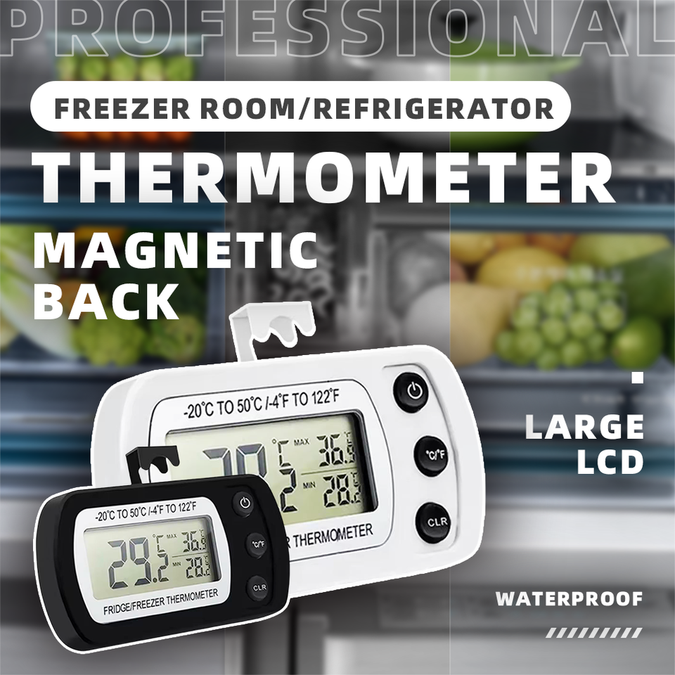 Digital Freezer Room Thermometer - Large LCD Refrigerator Fridge Thermometer with Magnetic Back & Hook, Waterproof Kitchen Home