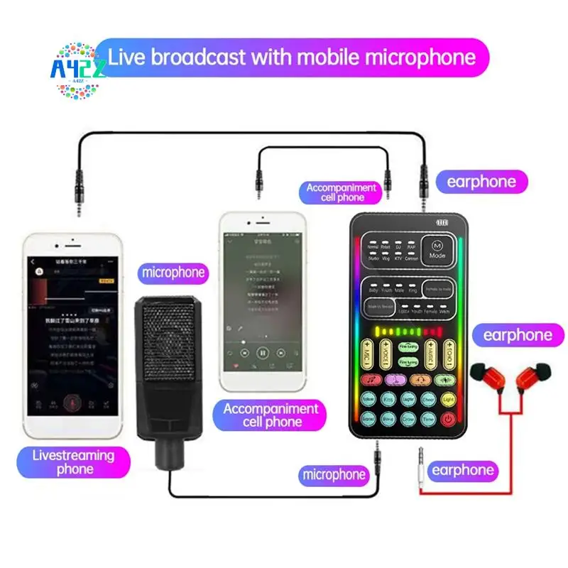 A42Z-I9 Voice Changer Full Kit Multiple Audio Effect Bluetooth Live Sound Cards Ultra-Thin Portable Live Sound Card Mic Tool