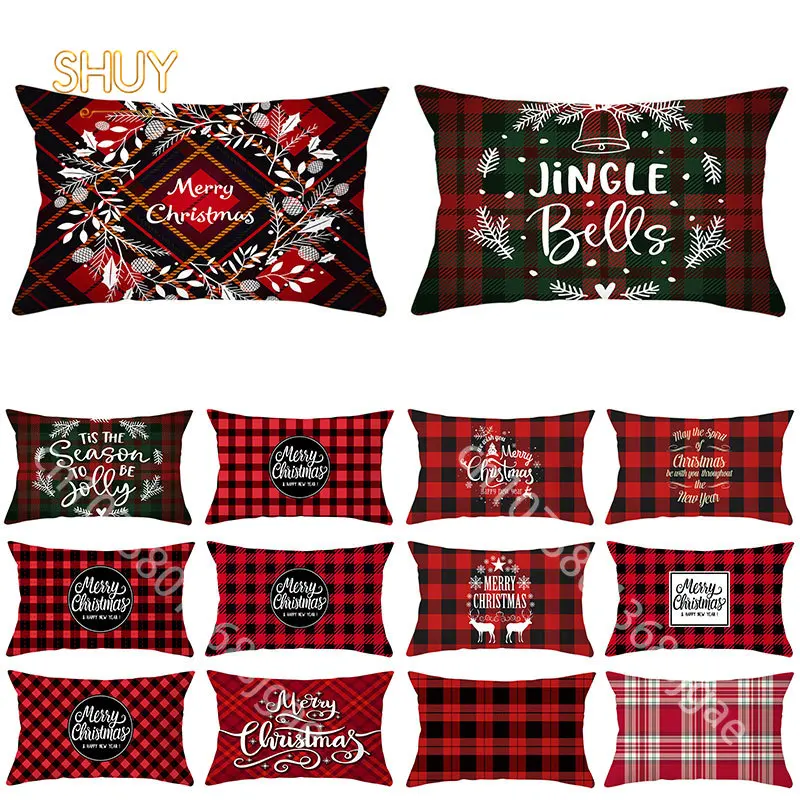 

Christmas Pillow Case Red Plaid Letter Printing Cushion Cover Rectangular Home Living Room Sofa Bedroom Decorative Pillowcase