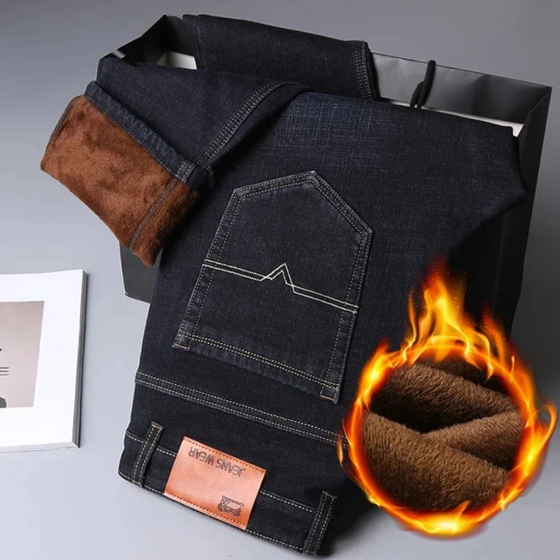 2024 Men New Activities Autumn Winter Jeans Warm Flocking Warm Soft Men Jeans Warm Jeans Men Straight Flocking Trousers