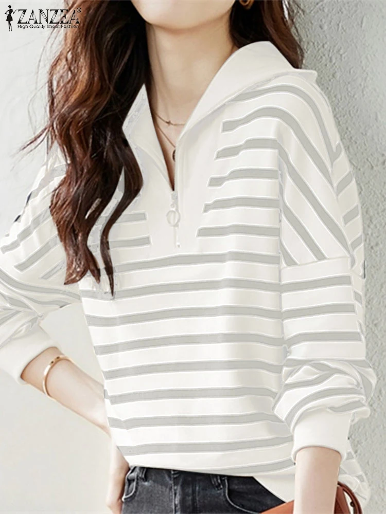 ZANZEA Women Stripes Printed Sweatshirts 2025 Casual Drop Shoulder Tops Fashion Zipper Colorblock Long Sleeve Commuting Pullover 2