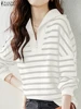 ZANZEA Women Stripes Printed Sweatshirts 2025 Casual Drop Shoulder Tops Fashion Zipper Colorblock Long Sleeve Commuting Pullover 2