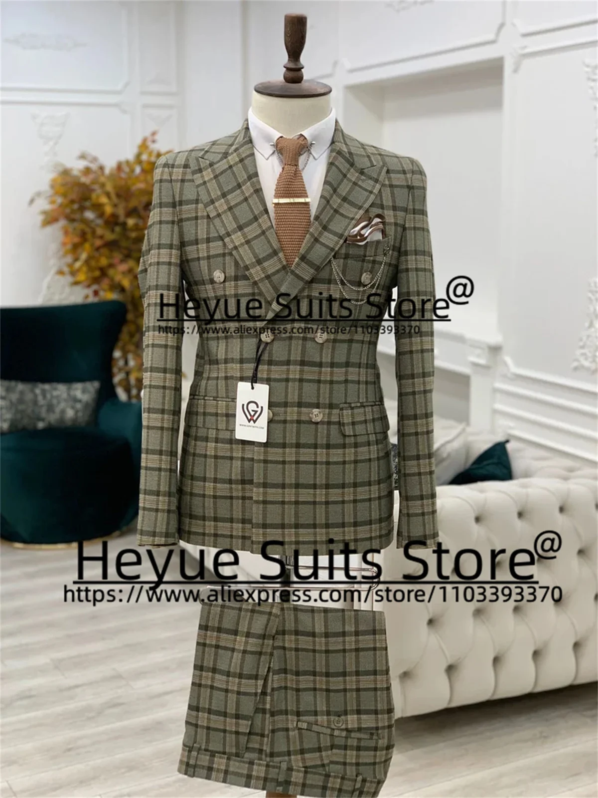 Classic Plaid Men Suits Slim Fit Double-breasted Groom Tuxedos 2 Pieces Sets Tailor Made Male Blazer terno masculinos completo