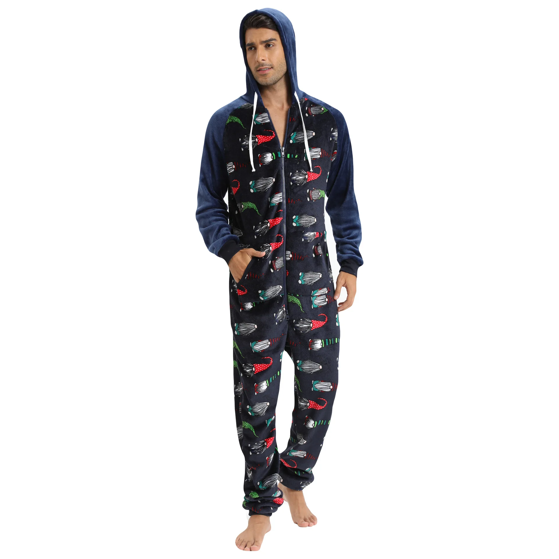 Autumn Winter Warm Men's Pajama Set Hoodies Overalls Men Halloween Print Onesies Zipper Jumpsuit Long Sleeve Male Clothes