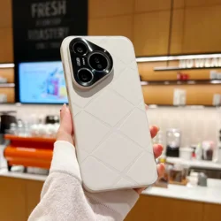 Shockproof Slim Luxury Leather Geometric Case with Metal Camera Protection for Huawei Pura 70 Pro (White)