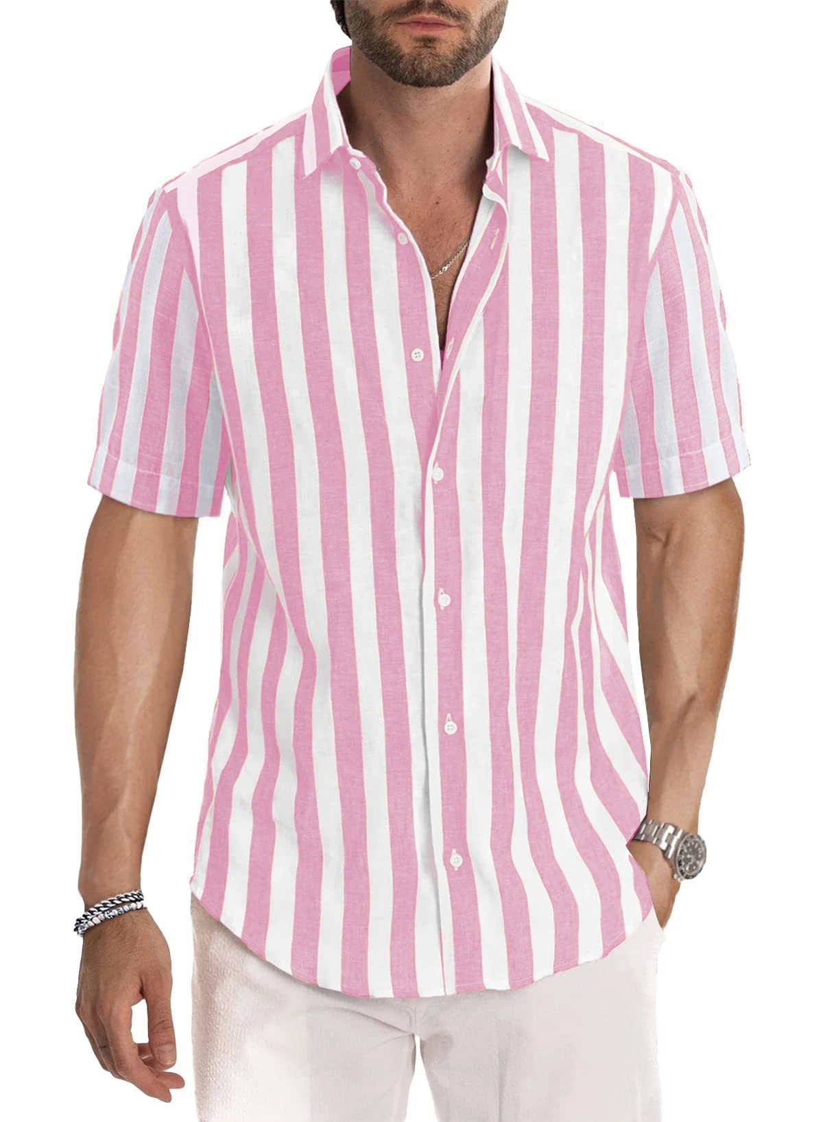 

2024 Cross-border Amazon ins Summer European and American men's beach casual yarn-dyed striped lapel short-sleeved shirt