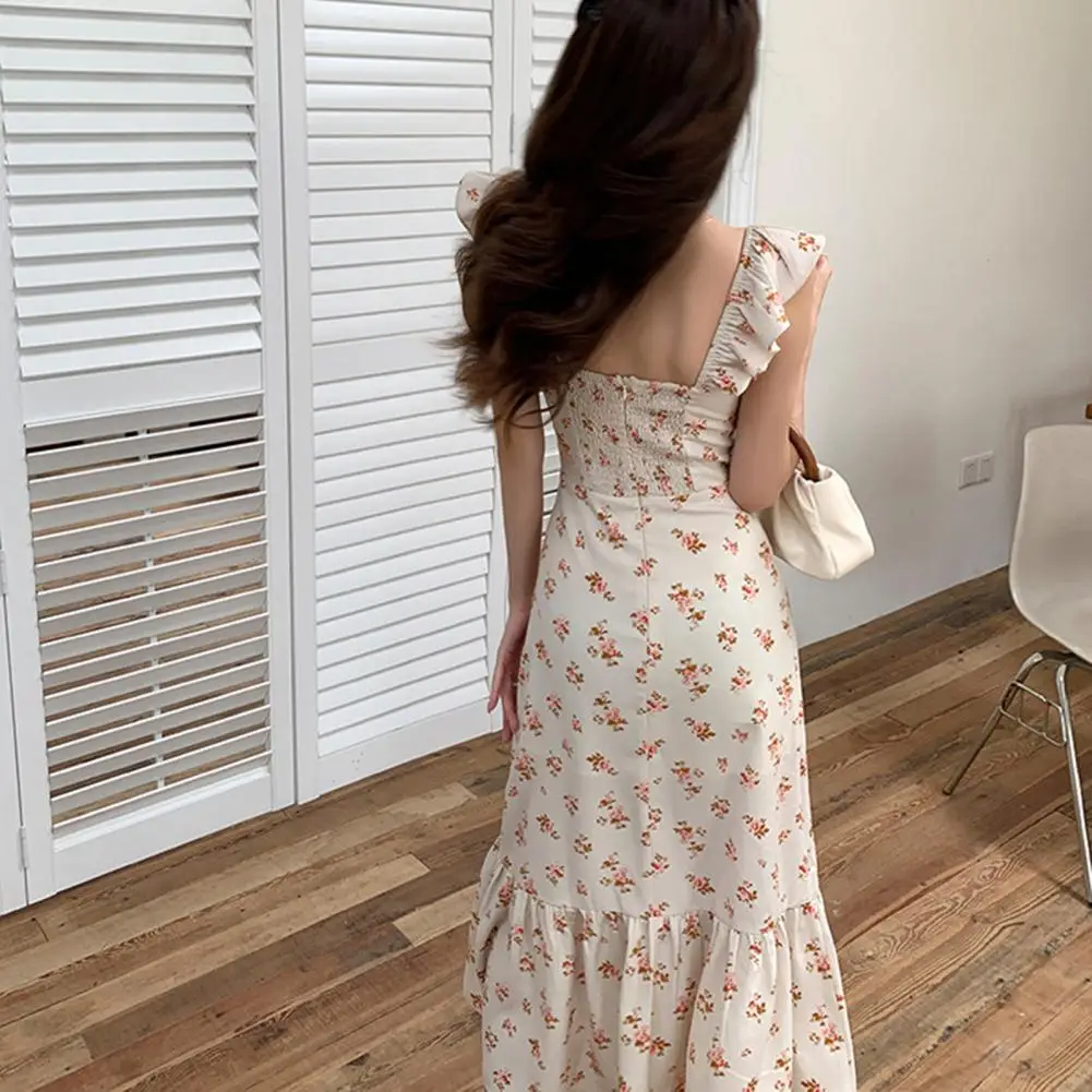 

Sweet Party Dress Ruffle Tight Waist Summer Ball Dress Loose Hem Summer Ball Dress