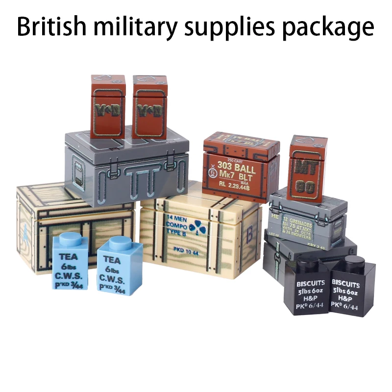 Moc militär liefert gedruckte teile baustein soldat armee bestimmungen deutsch sowjetische britische munition box mini ziegel spielzeug