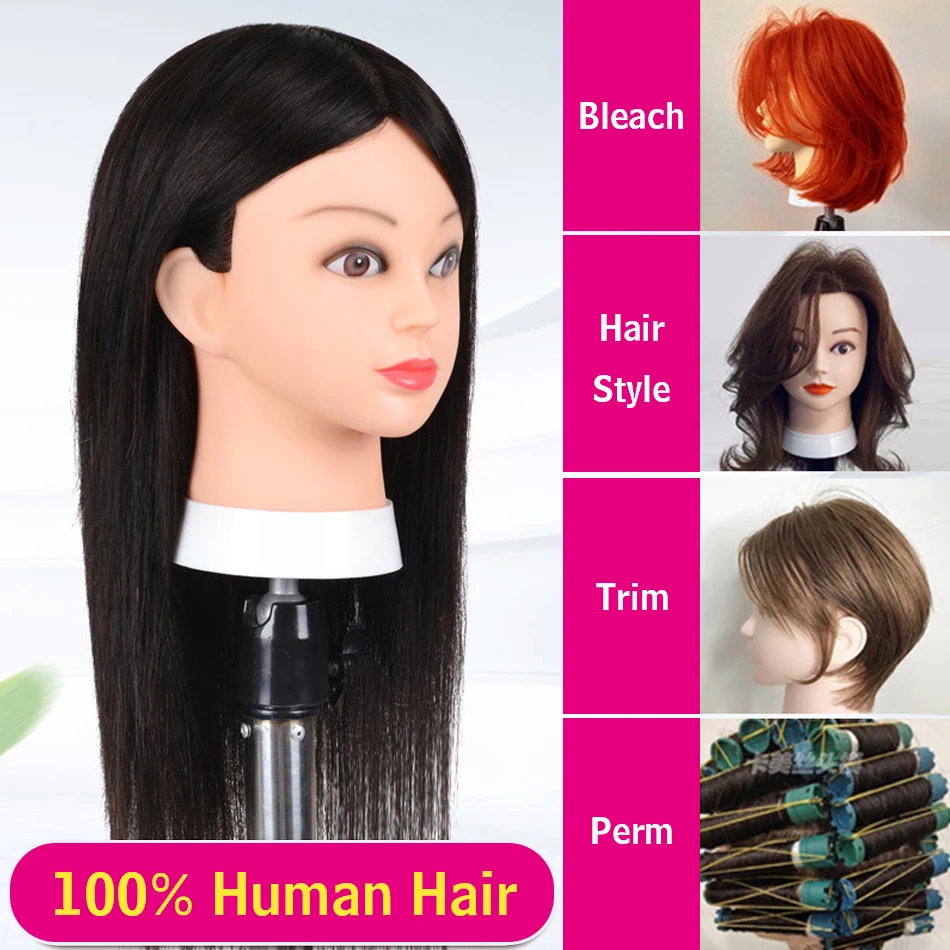 Long Hair Mannequin Head with Human Hair Hairdresser Practice Training Head Cosmetology Manikin Doll And Wig Stand Tripod