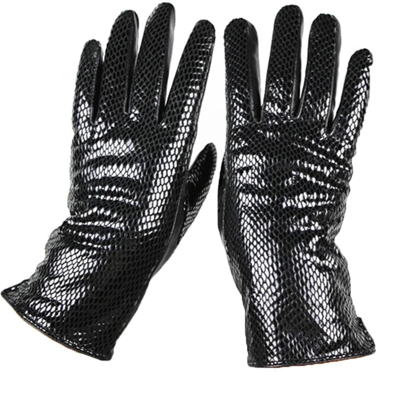 New Snake Pattern Sheepskin Gloves Women Highgloss Leather Black Plus