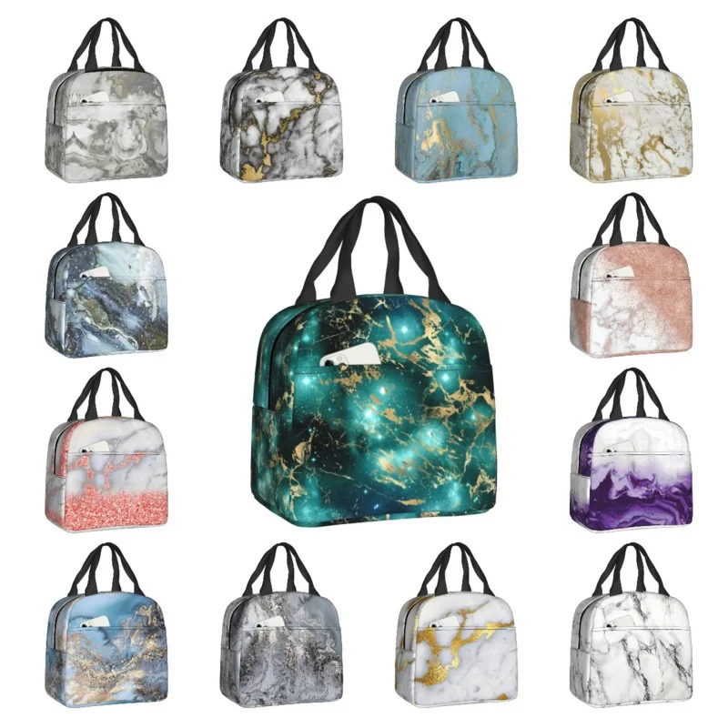 

Golden Glitter Starry Space Marble Insulated Lunch Bag for Women Marbled Texture Thermal Cooler Bento Box Beach Camping Travel