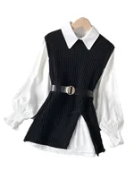 Spring Autumn Women's Lantern Sleeve Shirt Knitted Vest Two Piece Sets of College Style Waistband Vest Two Sets Top UK900 - Image 5
