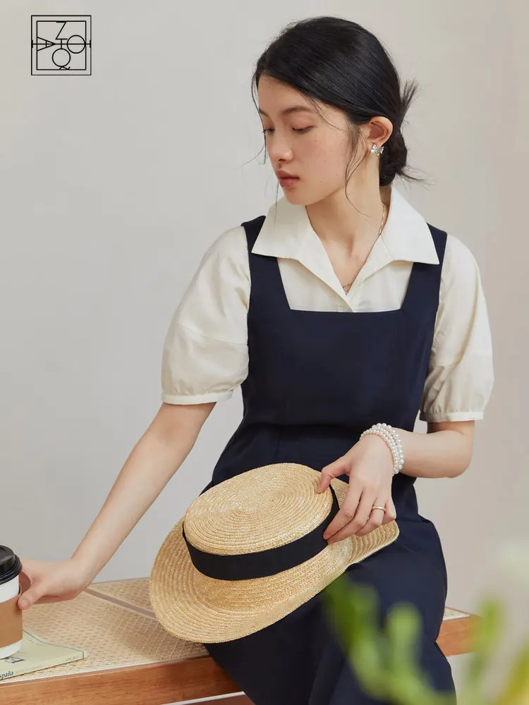 

ZIQIAO Elegant Retro Suspender Dress for Female Summer Chic Sense Commuter Casual Navy Blue A-Line Strap Sress for Women