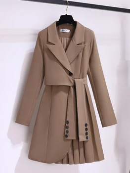 New 2025 Suit Dress Long Sleeve Korean Fashion Khaki White Or Black Dresses With Belt Pleated Winter Outfits For Women Hot Sale 1