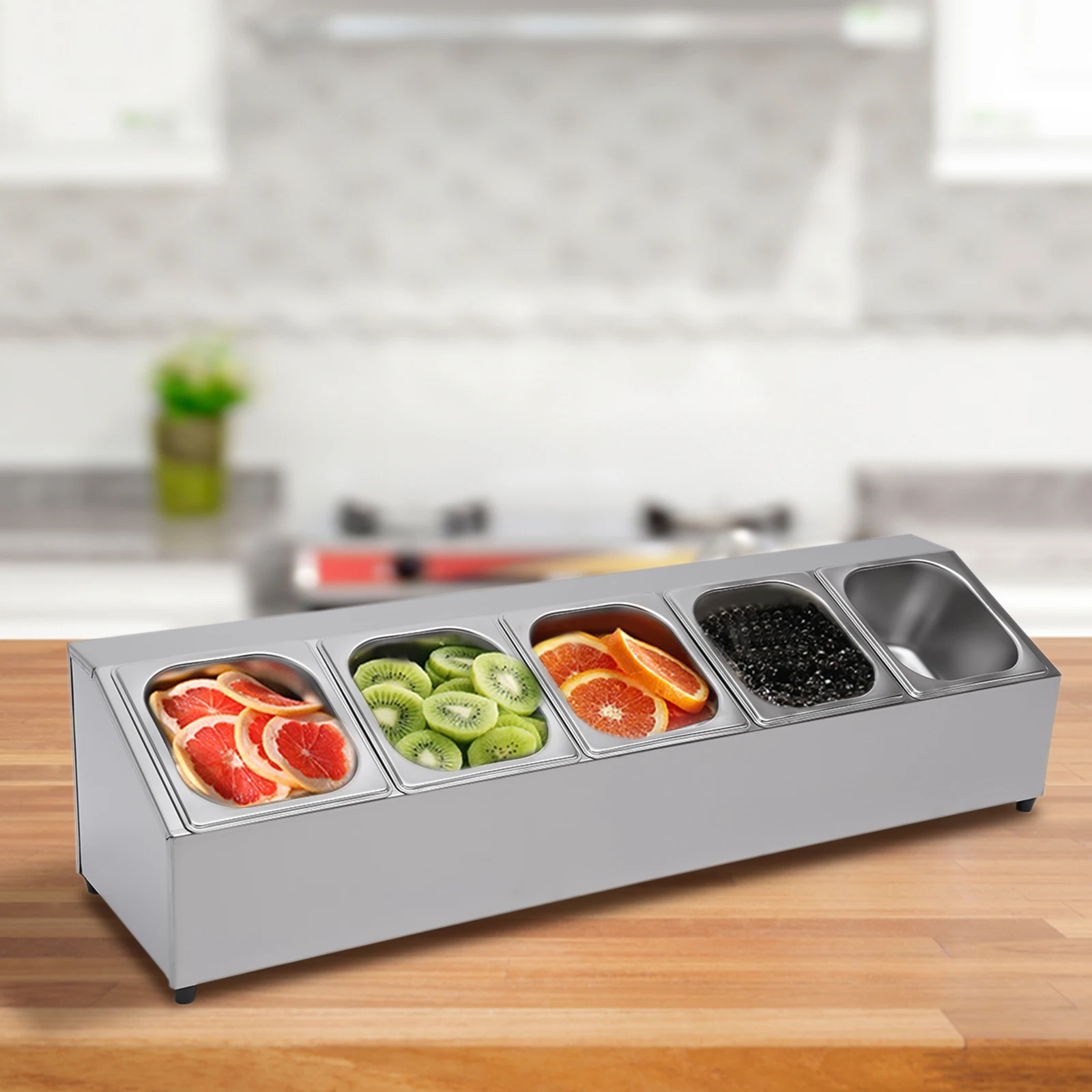 Pizza Topping Station Organizer Condiment Container w/5 Pans & Lids, Stainless Steel Seasoning Food Containers