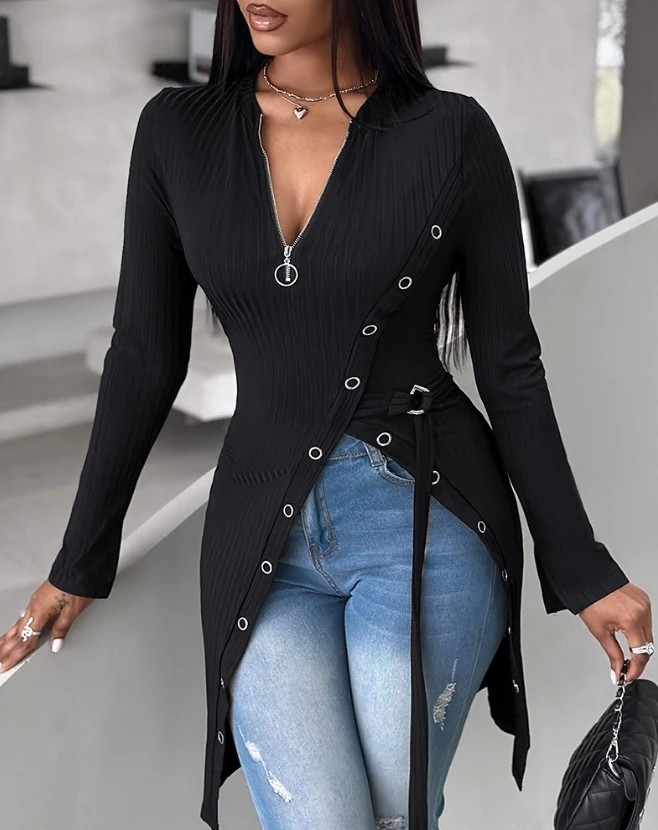 

Women's Mid Length Pullover Top Fashionable Commuter Long Sleeve Zipper Design High Slit Top Daily Elegant Plain Knit Top