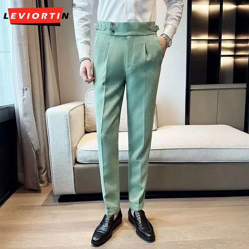 

Men's Fashion Slim Fit White Pants Non ironing Waffle Casual Pants 2024 Korean Four Seasons New Product Men's Feet Pants 29-40