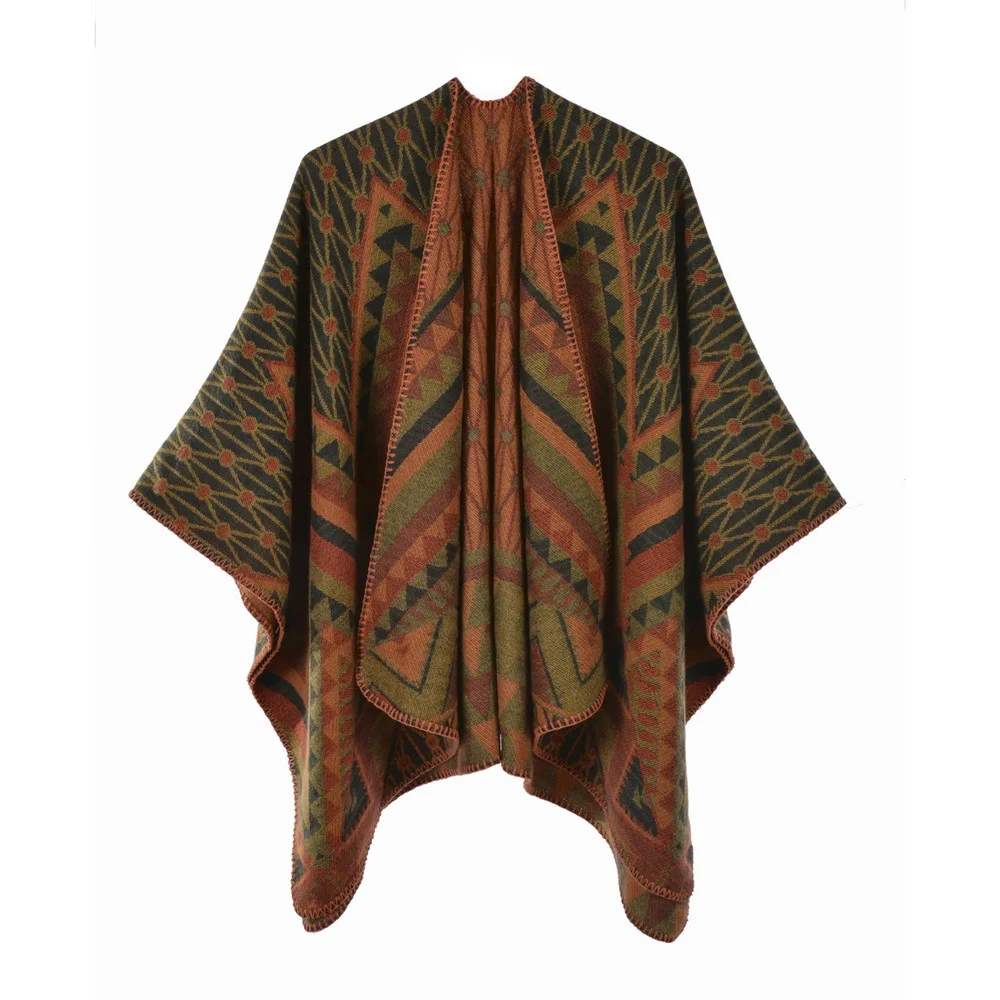 Autumn  Winter Split Large Shawl Cape Retro Fashion Simple Shawl Blanket Women Cape  Ponchos Lady Coat Green women cashmere feel shawl lady classic geometric design cape spring autumn retro cardigan winter cloak luxury soft large blanket