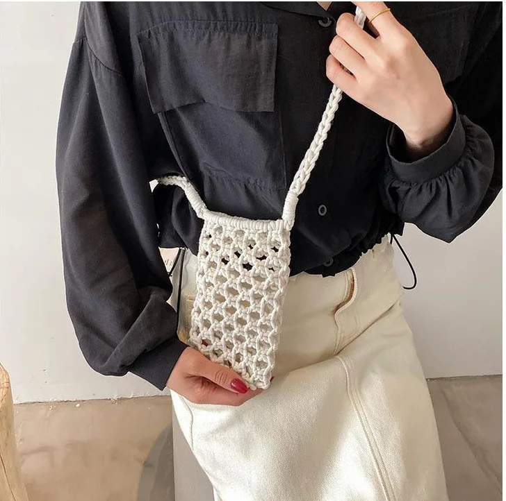 Women Fashion Small Crossbody Phone Bag Solid Color Hollow-out Woven Crochet Lightweight Braided Shoulder Handbag