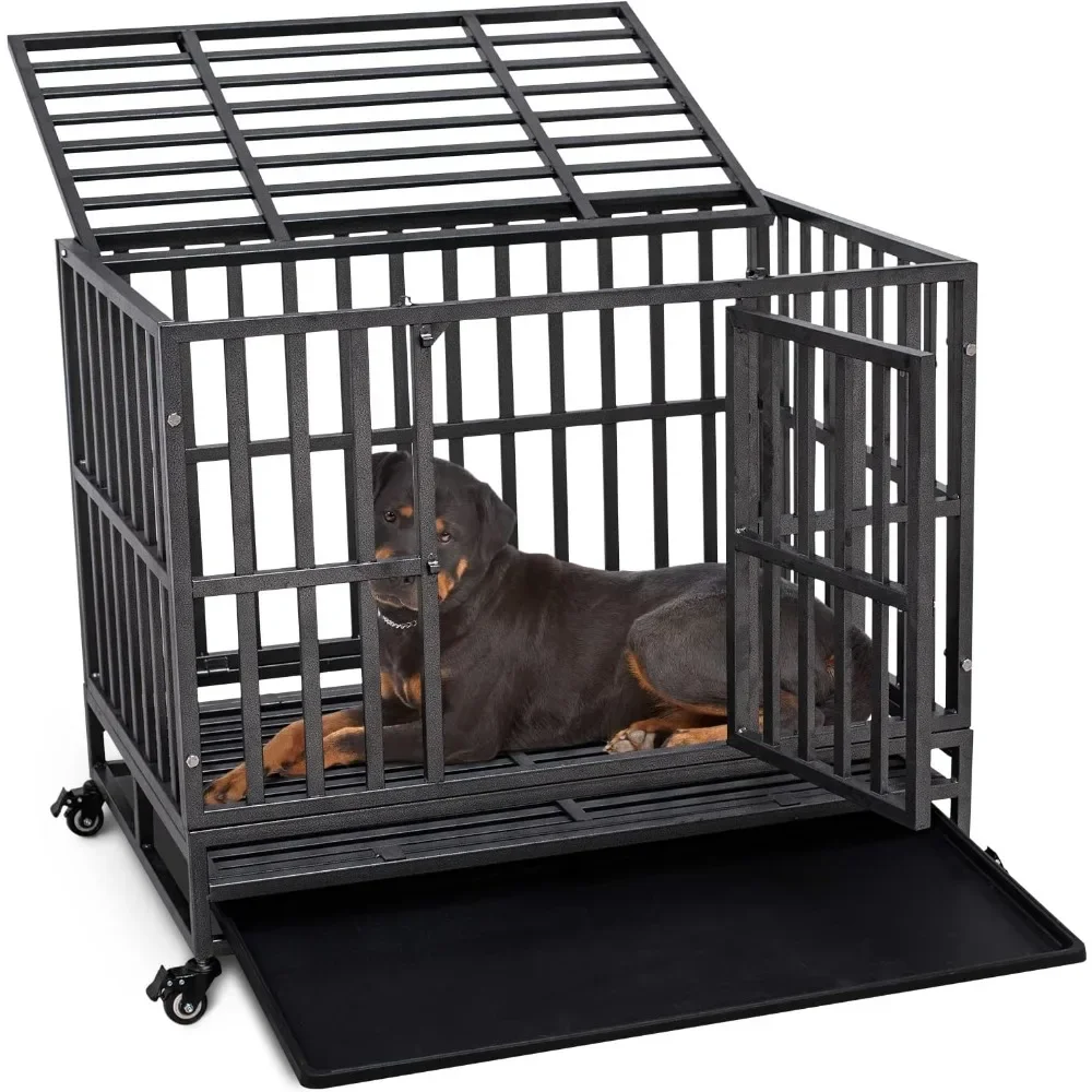 

Heavy and indestructible metal dog cage, used for large dogs, anti escape dog cage with wheels, detachable tray, free shipping