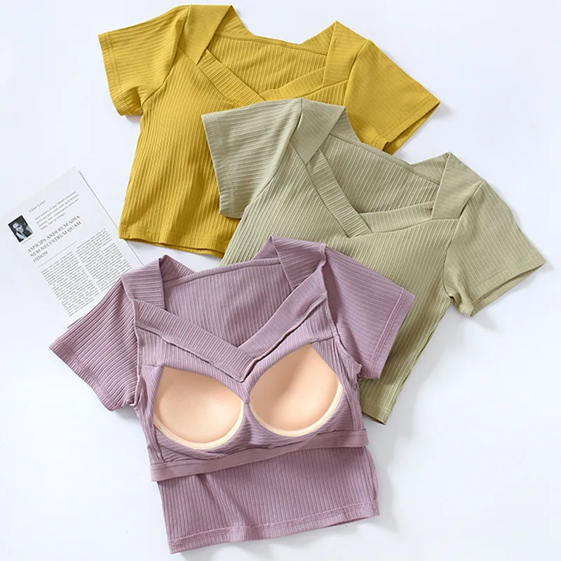 Short Sleeved V-Neck T-Shirt Chest Pad Underwear Top Cotton Summer Pajamas Tops Casual Sleepwear Bottoming Shirt For Women sleepwear lingerie underwear set women crop tees