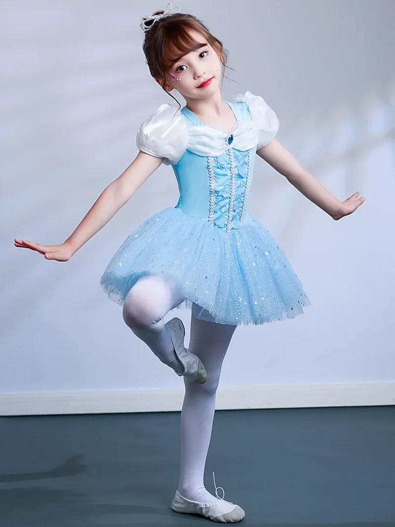 Blue Dancer Dress Kids Girls Mesh Tutu Ballet Dance Costume Open Crotch Stage Gymnastics Leotard Ballerina Dancewear