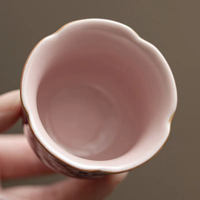 2pc/lot Pink Ru Kiln Peony Flower Mouth Teacup Aesthetic Tea Bowl Tea Cup Set Fragrance Cup Chazhan Tea Items Ornaments 55ML