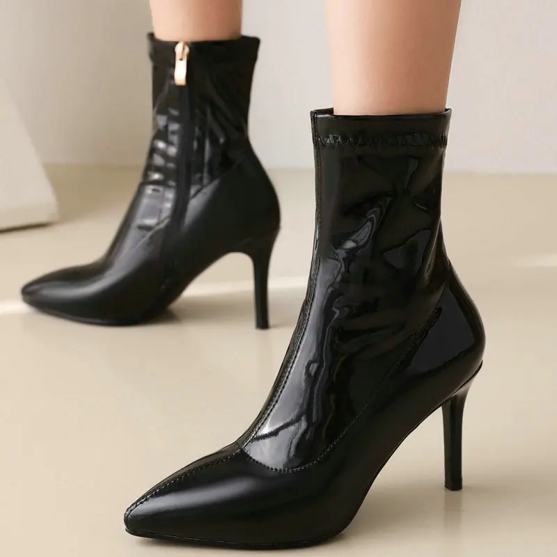 

Oversize 48 49 PU Patent Leather Pointed Toe Sexy Lady Stiletto Booties Comfy Women Autumn Winter Ankle High Heels Stretch Boots