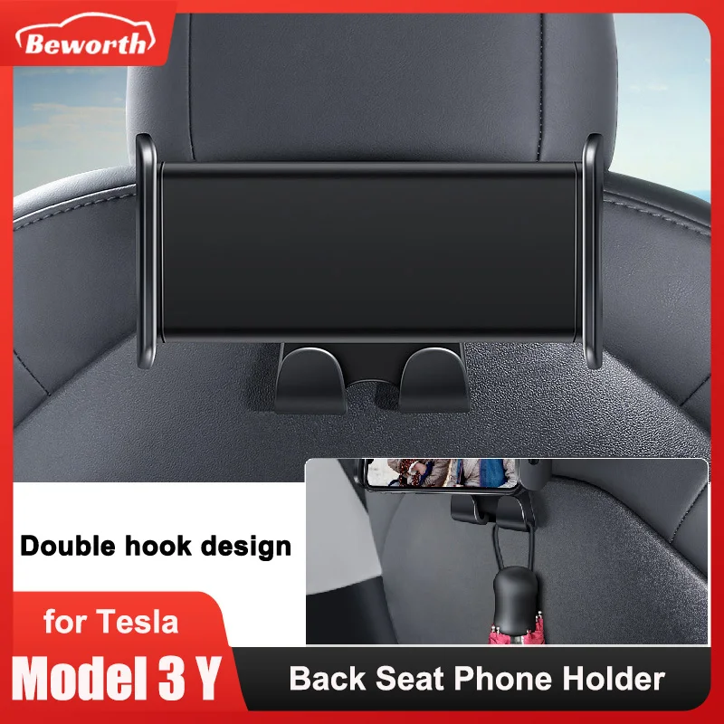

For Tesla Model 3/Y Back Seat Phone Holder with 2 hooks 360° Rotate Stand Auto Headrest Bracket Support For Tablet PC iPad Mini