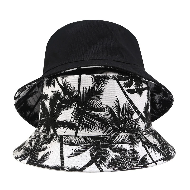 Unisex Double Sided Wearable Leaf Print Personality Bucket Hats Fishermen Caps Outdoor Casual Cap Sunscreen Hat