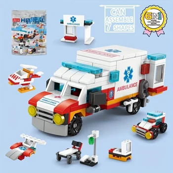 122pcs 6 in 1 Ambulance Escort Car Helicopter Paramedic Doctor Mini Loader Truck Building Blocks Sets Bricks Toy City 1