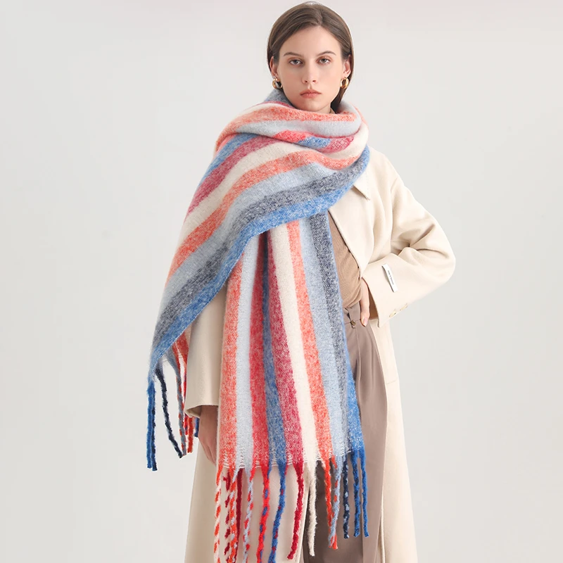 

Colorful Stripes Tassel Blanket Fashion Cashmere Scarf Women Winter Thick Pashmina Warm Shawl Wrap Neckerchief Poncho Stoles