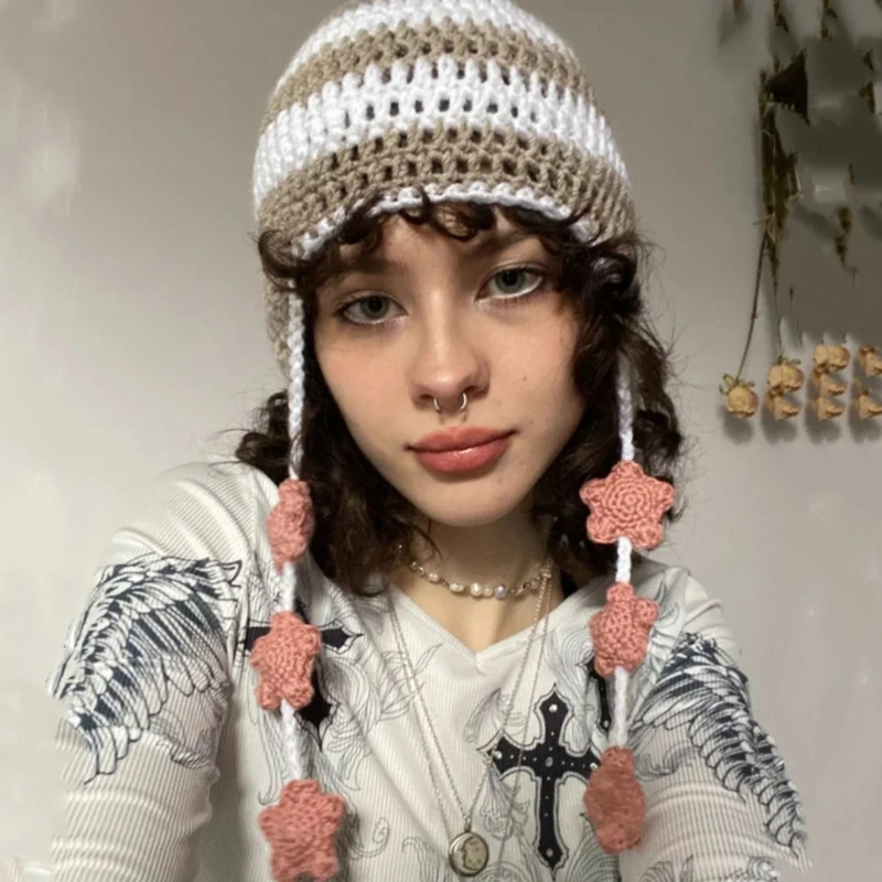

+Striped Devil Hat for Women Teens Knitted Colorful Beanie Winter Knitted Hats Cool Photo Prop Y2K GIRL