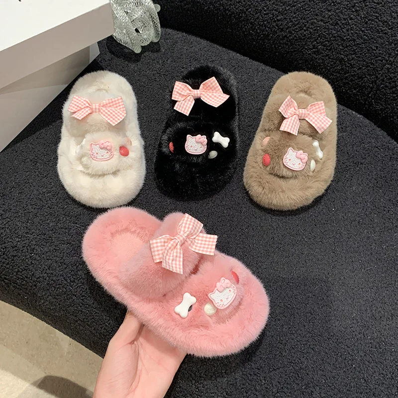 

Anime Kawaii Sanrio Hello Kitty Children's Plush Slippers Spring Autumn New Girl Student Cartoon Thickened Warm Cotton Slippers