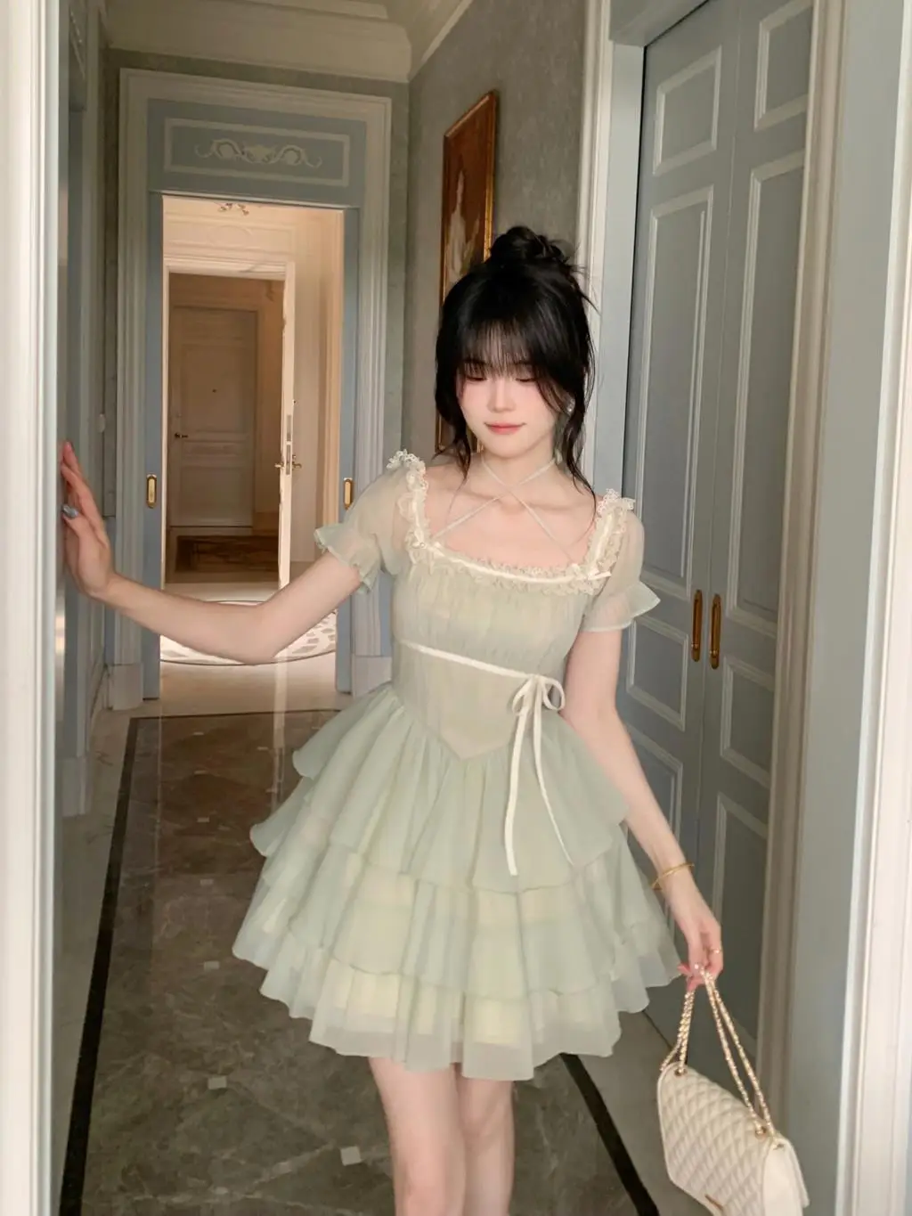 Y2K Princess Birthday Party Dress Lace Patchwork Short Dresses for Women Puff Sleeves Ruffles A-line Cake Vestido Mujer New