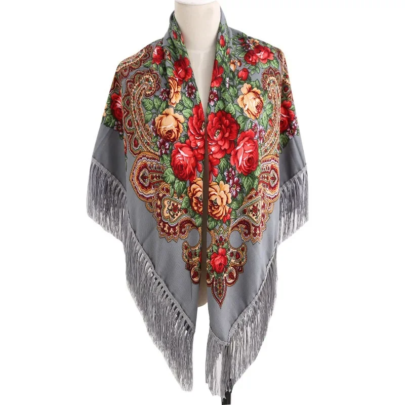 

Floral Printed Russian Scarf Fringed Shawl Muslim Headscarf Ukraine Scarves Women's National Head Wrap