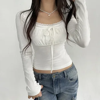 프레피 귀여운 레이스 트림 구김 타이업 티셔츠, 페어리코어 빈티지 그런지 긴팔 티, 여성 한국 크롭탑, Y2K 카와이 의류