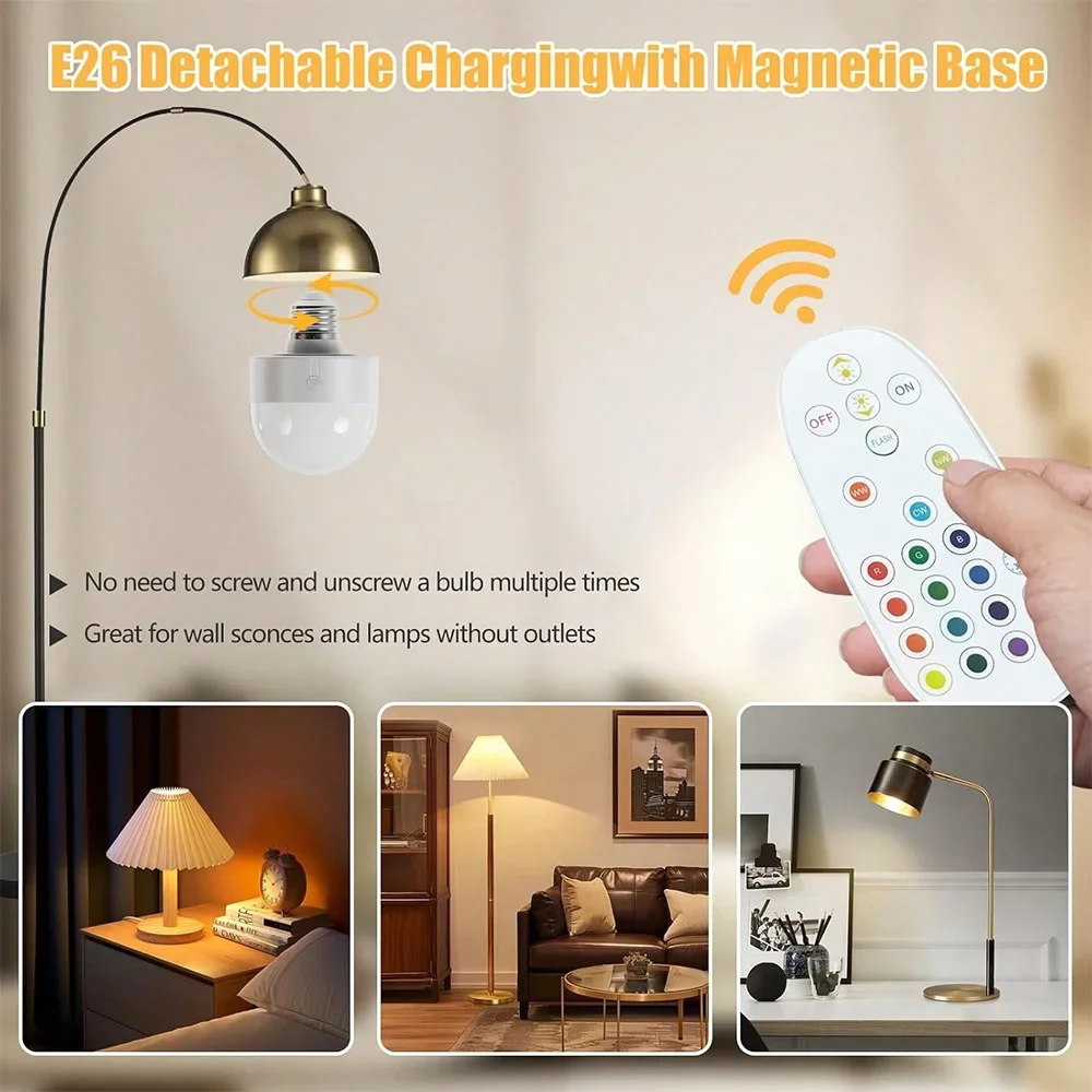 Modern LED Light Bulb Live Lamp RGB Dimmable Remote Control E27/E26 Universal Interface No Wiring Charging Type Wall Lamp Bulb