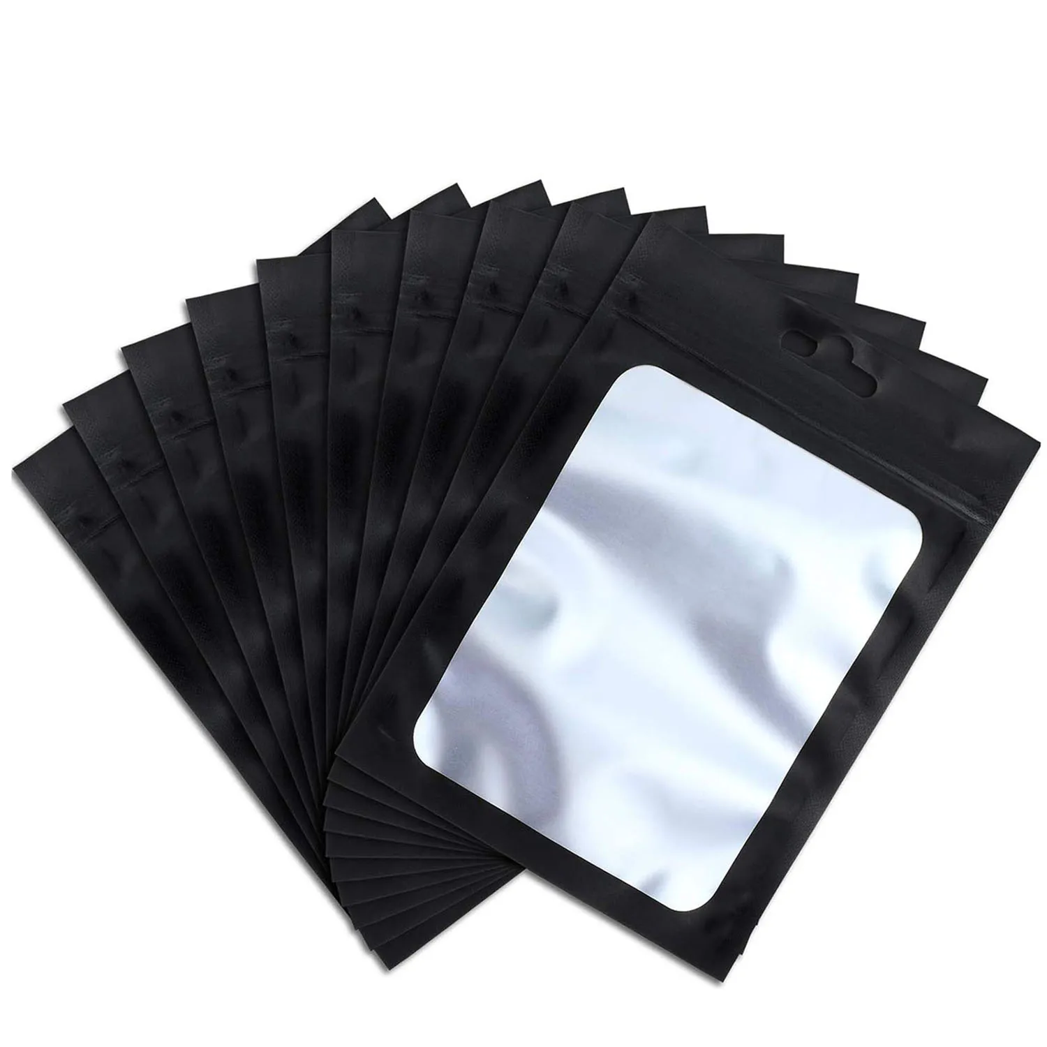 50pcs Black Foil Pouch Reusable Self Sealing Mylar Bag Ziplock Hang Bags with Clear Window for Diy Jewelry Display Packaging 50pcs reusable mylar bags ziplock hang bags with clear window for jewelry display packaging self sealing food storage supplies