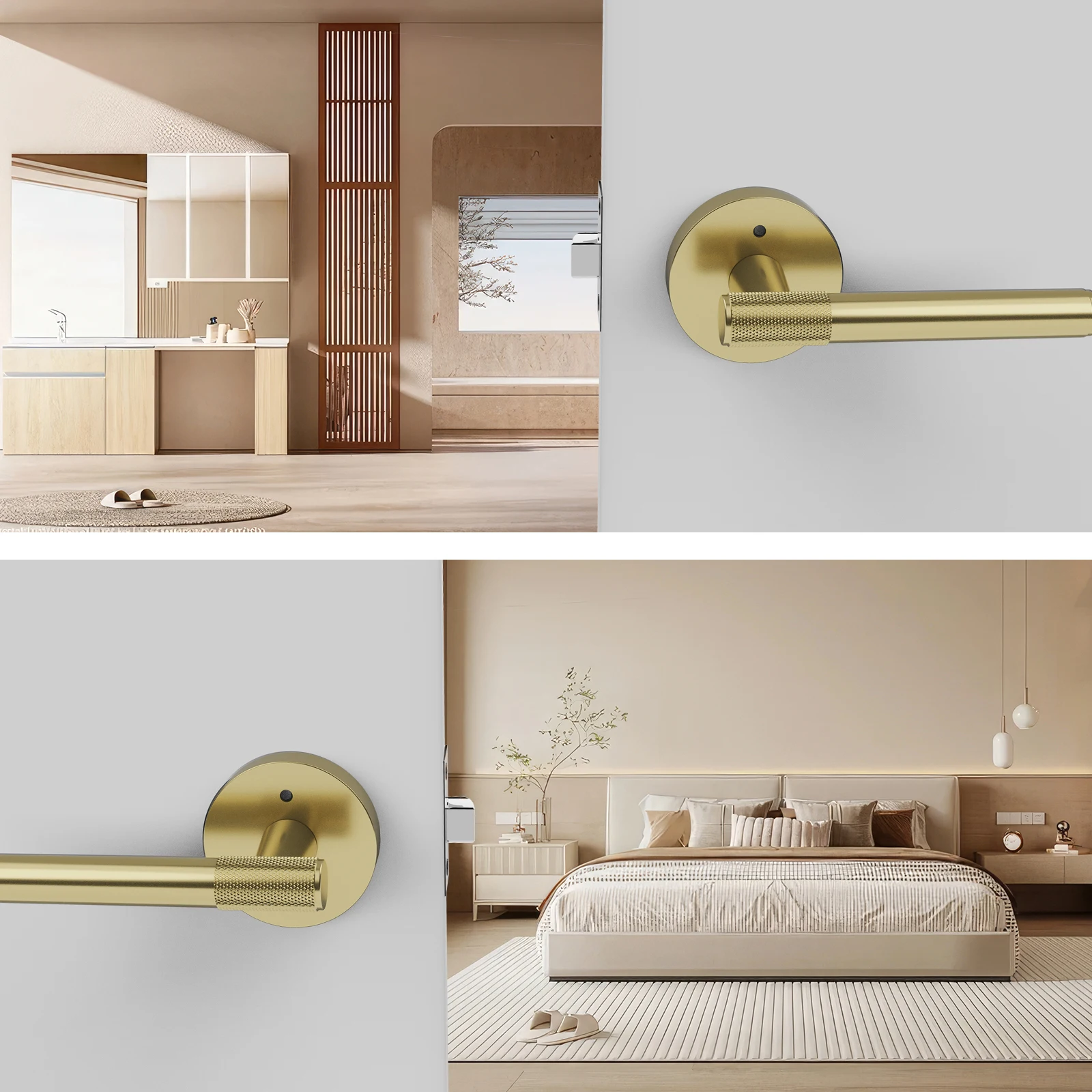 Viladepot 2PCS Privacy Door Handle Knurled Handle Lever Painted Matt Gold Bedroom Bathroom Passage Door Lock Reversible Keyless