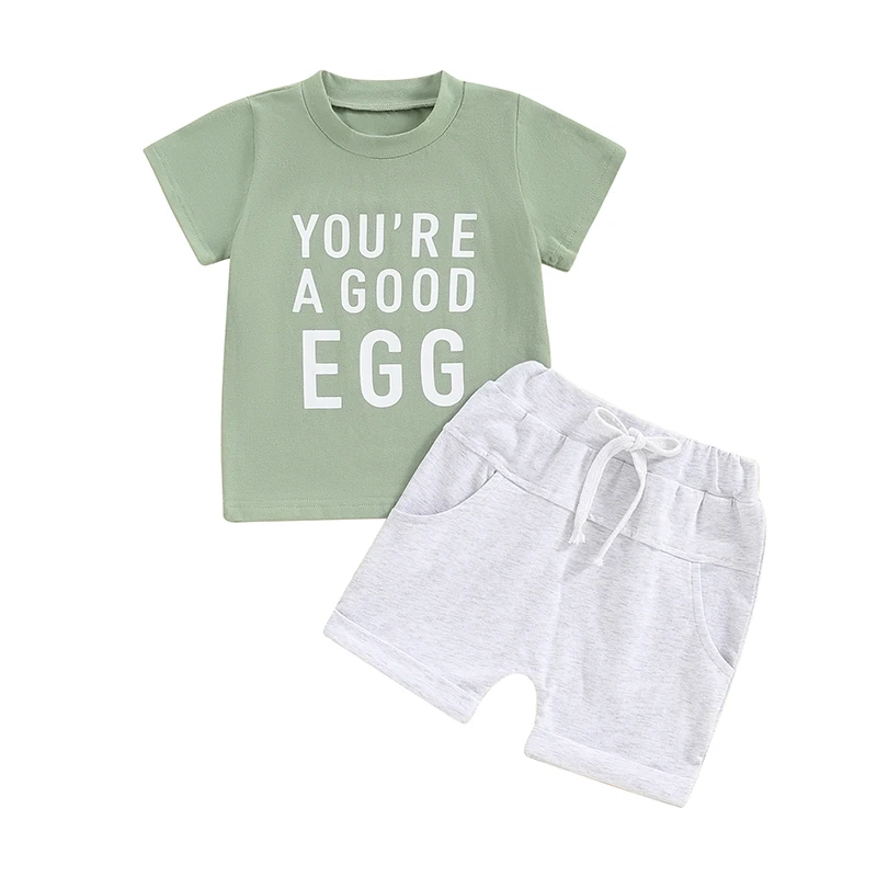 

Семейная Пасхальная одежда для маленьких мальчиков, летняя футболка с коротким рукавом и буквенным принтом, топы с эластичным поясом, шорты, повседневная одежда из 2 предметов
