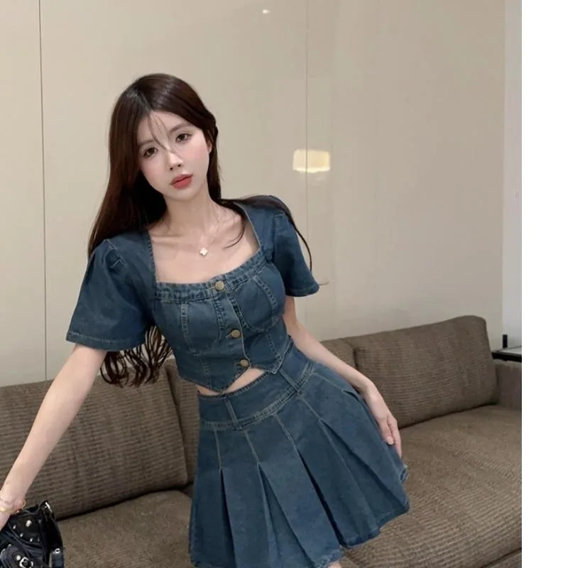 

Женский облегающий костюм с юбкой, короткий ковбойский кардиган с квадратным вырезом и высокой талией, пикантная модная одежда в Корейском стиле, модель Y2K на лето